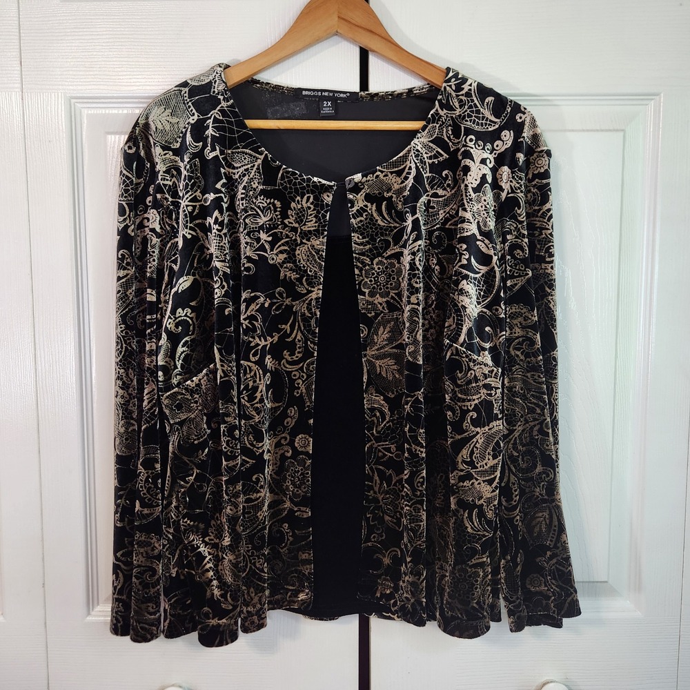 Briggs New York 2X Velvet Cardigan Black Gold Paisley Metallic Open Front Top